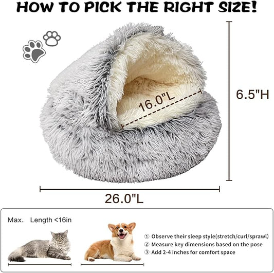 ShinHye Plush Fluffy Hooded Cat Bed Cave, Cozy for Indoor Cats or Small Dogs - Waterproof, Washable, 2626inch, Grey
