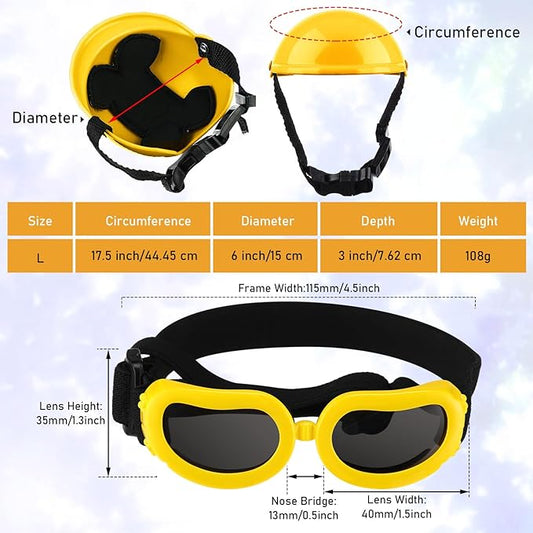 Frienda Dog Helmet and Goggles, UV Protection Doggy Sunglasses and 4 Inch Padded Puppy Motorcycle Helmet Adorable Dog Goggles with Adjustable Belt for Small Dogs Puppy Riding(Yellow,L)