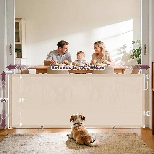 78" Retractable Extra Wide Baby Gates for Doorways, Long Mesh Dog Gate for Large Openings, Indoor Outdoor Pet Gate for Deck Porch Kitchens Hallways, 34" Height, Beige