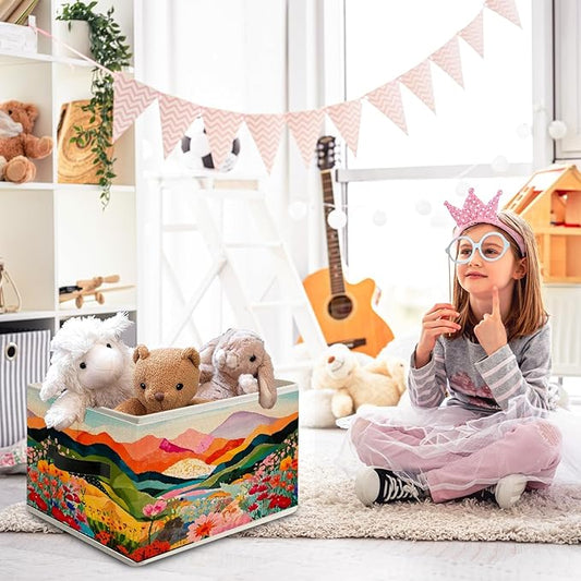 Abstract Maximalist Floral Mountain Storage Bin Box with Handles, Modern Vibrant Wildflower Foldable Organizer Basket Toybox for Girls Room Bedroom Bathroom Clothes Toys Books