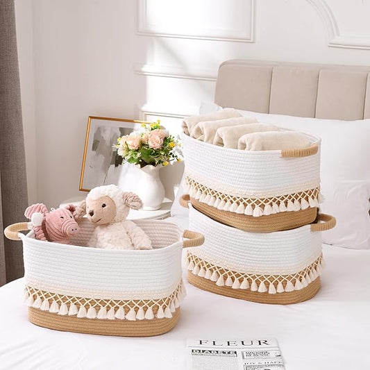 2 Pack Storage Basket for Shelves, Boho Cotton Rope Storage Bins with Heavy Tassel, Shelf Baskets Large Woven Baskets for Organizing, Cube Organizer Bins, Baby Laundry Basket for Clothes, Toys, Pets