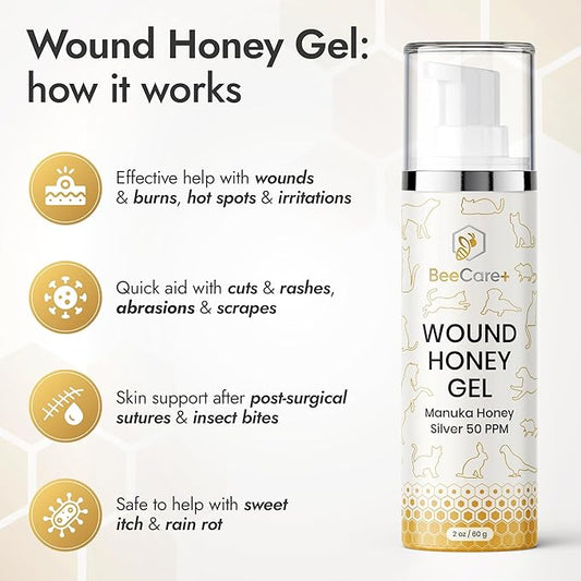 Manuka Honey Wound Gel for Hot Spot Treatment for Dogs and Cats – Helps with Irritations, Cuts, Rashes, Abrasions, and Scrapes – Colloidal Silver for Dogs 2 oz