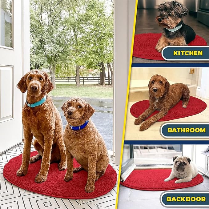 Muddy Mat® Shown on TV – Super Absorbent Microfiber Dog Door Mat for Muddy Paws, Non-Slip Washable Pet Rug, Quick Dry Chenille Entryway Carpet, Machine Washable Indoor Outdoor Mat, Red Oval 3ft x 5ft