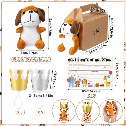 40Pcs Adopt A Pet Party Favors Mini Stuffed Animals Plush Toy Set Includes 10Pcs Safari Jungle Animal Plush Toys, Birthday Hats, Kraft Paper Boxes, Adoption Cards for Adopt A Animal Party