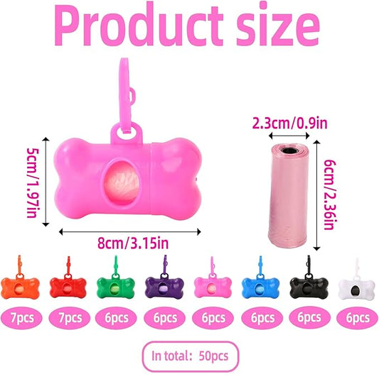 50 Pcs Dog Poop Trash Bag Holder Dispenser Plastic Dog Poop Waste Bag Holder for Leash with Hook and Leak Proof,with Leak Proof PET Waste Bags for Walking Hiking Camping (Bone Shape)