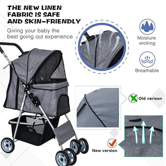 Dog Stroller for Small Dogs,Pet Stroller Strolling Cart 4 Wheels Folding Pet Gear Lightweight Waterproof with Storage Basket for Puppy Small Medium Dogs Cats for Travel,Grey