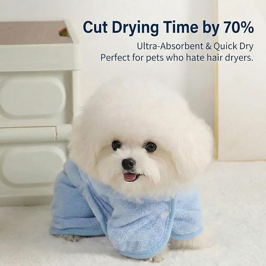 Dog Bathrobe Super Absorbent Towel for Small Dogs Cats Fast Drying Dog Robe Coat with Hood Puppy Cat Bath Towel Wrap Pet Grooming Supplies After Shower (Blue,S)