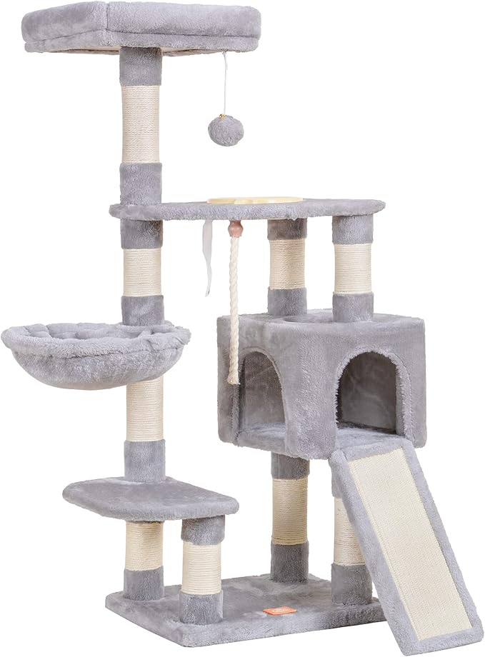 Heybly Cat Tree, Cat Tower for Indoor Cats with Scratching Board, Multi-Level Cat Furniture Condo with Feeding Bowl Light Gray HCT010SW