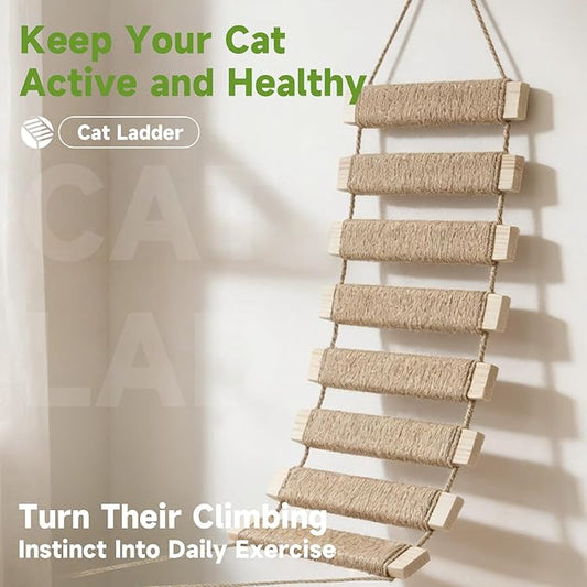 22in Outdoor Cat Tree & Bridge, Multi-Level Cat Ladder with Sisal Rope, Durable Climbing Frame, Scratch Post, Perch & Play Tower for Indoor/Outdoor Cats, Parrots & Small Pets (Wood, 22in)