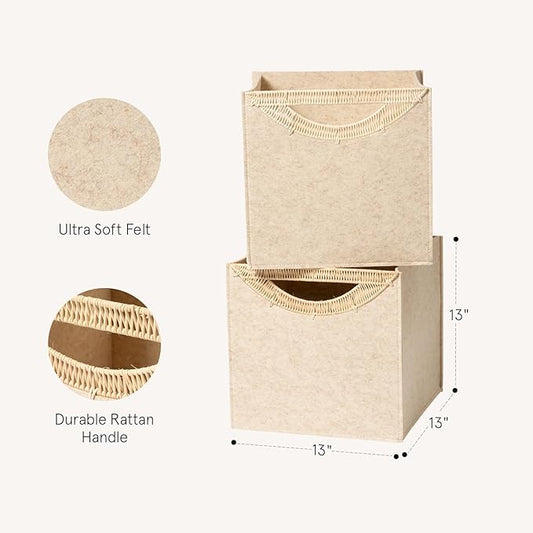 La Jolie Maison 2 Pack Foldable Oatmeal Felt Cube Bins, 13 Inch Storage Cube with Rattan Handle, Decorative Storage Bins for Closet Toys Bedroom