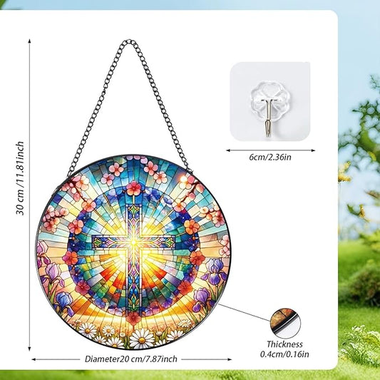 Stained Glass Window Hanging, 7.8″ Cross and Flower Sun Catchers with Hook Indoor Window Decor, Decorative Suncatchers Hanging Ornaments Home Garden Art Gift for Housewarming