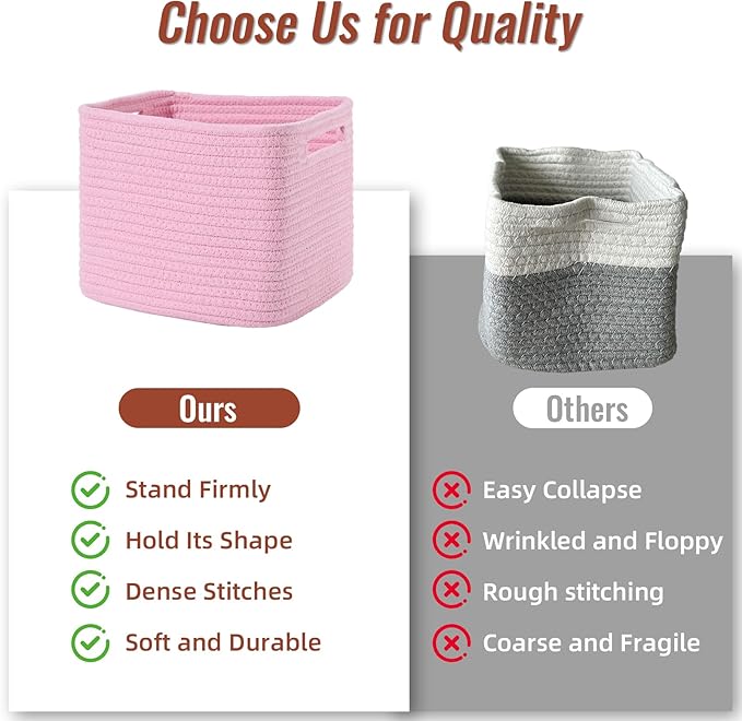 3 Pack Cube Storage Bin, 9”x9”x7” Cotton Rope Woven Baskets for Organizing Toys Clothes Towels, Square Gift Storage Baskets for Shelves, Nursery, Closet, Bathroom, Pantry (Pink)