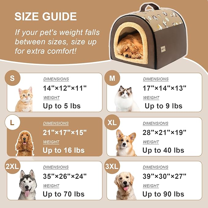 Jiupety Indoor Dog House, 2 in 1 Portable Foldable House Bed with Cover, Pet Tent & Cave Bed for Small Medium Dog, L(21"×17"×15"), Up to 16 Lb, Brown