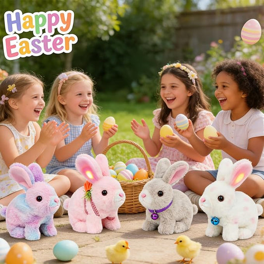 Easfan Bunny Plush Toy Jumping Spotted Rabbit Talking Hopping Ears Nose Moving Educational Plush Toy Singing Shaking Glowing Interactive Toy Electric for Toddlers Kids