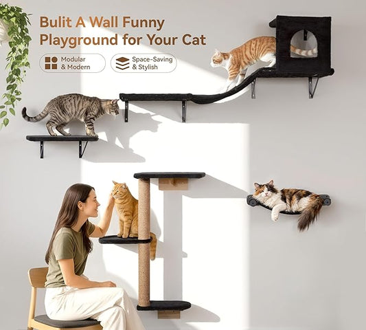 Wall Mounted Cat Furniture Set of 4 – 4 in 1 Cat Wall Shelves with Hammock, Bridge, Climbing Tree & Perch – Shelves for Large Cats, Holds Up to 30 lbs, Indoor Playground