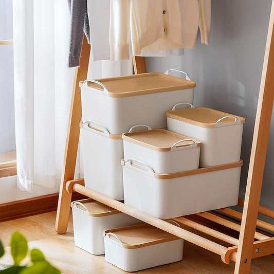ANMINY 5PCS Plastic Storage Bins Containers with Lids, Large Storage Organization Bins Boxes, Lidded Plastic Storage Baskets for Closet Shelves Desktop, Wheat Lids, 2M + 3S