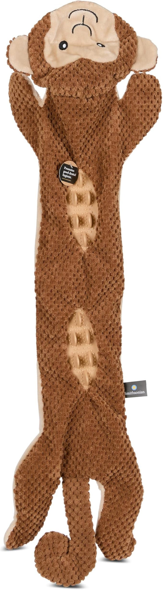 Smithsonian Longamals Monkey Plush Dog Toy – 30" Crinkle & Squeaky, Stuffing-Free Interactive Tug Toy for Medium & Large Dogs
