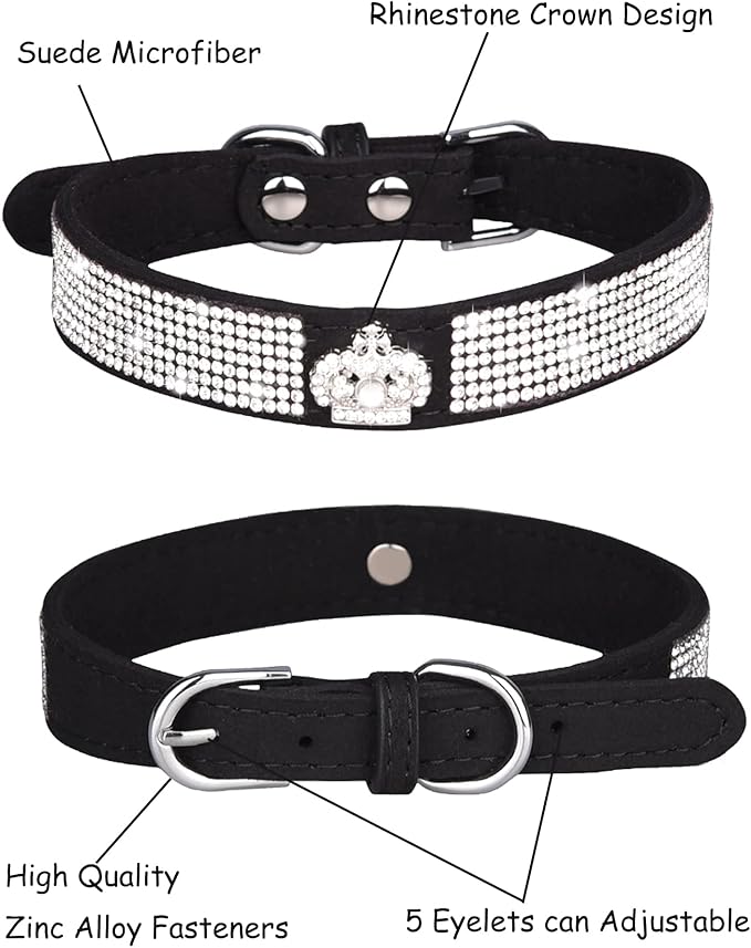 Bling Dog Collar for Small Medium Large Dogs, Crown Rhinestone Dog Collars for Girl and boy Dog, Diamond Puppy Collars, Adjustable Leather Suede SOFE Cat Collar (S(10.6"-13"/27CM-33CM), Black)
