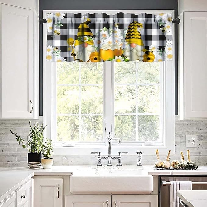 Bee Valances Curtain for Kitchen, Black White Buffalo Daisy Gnomes Window Treatment Valances Short Curtains Rod Pocket Drape for Dining Room Home Farmhouse Decor, 54x18inch