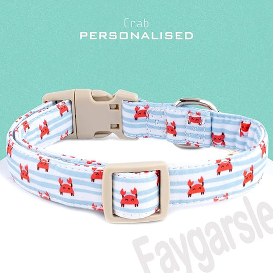Faygarsle Cute Crab Pattern Dog Collar, Cotton Fabric, Light Blue Stripes, for Small Medium Large Dogs XS
