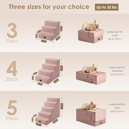 EHEYCIGA Dog Stairs for Small Dogs 13.5" H, 3-Step Dog Steps for Couch Sofa and Chair, Pet Steps for Medium Cats, Non-Slip Balanced Pet Ramp Indoor, Pink