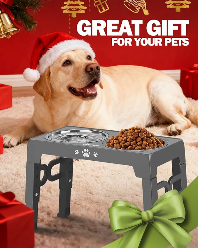 Elevated Dog Bowls, Non-Slip Dog Feeder with 1*Stainless Steel Dishes & 1*Slow Feeder Bowl, 5 Heights Adjustable Raised Bowls for 3.15″-8.66″-9.84″-11.02″-12.2″