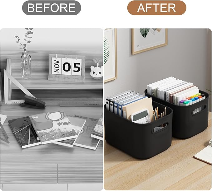 6 Pack Black Storage Bins with Lids Stackable Storage Container for Organizing, Black Storage Boxes with Handle for Shelves, Cute Organizer Bins for Craft, Snacks, 9.85x6.9x5.7 inch