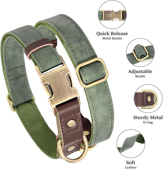 Didog Soft PU Leather Dog Collar for Large Dogs,Classic Adjustable Dog Collars with Quick Release Metal Buckle,Easy Clean and Comfortable with Nylon Lining,Green,L Neck 16-23"