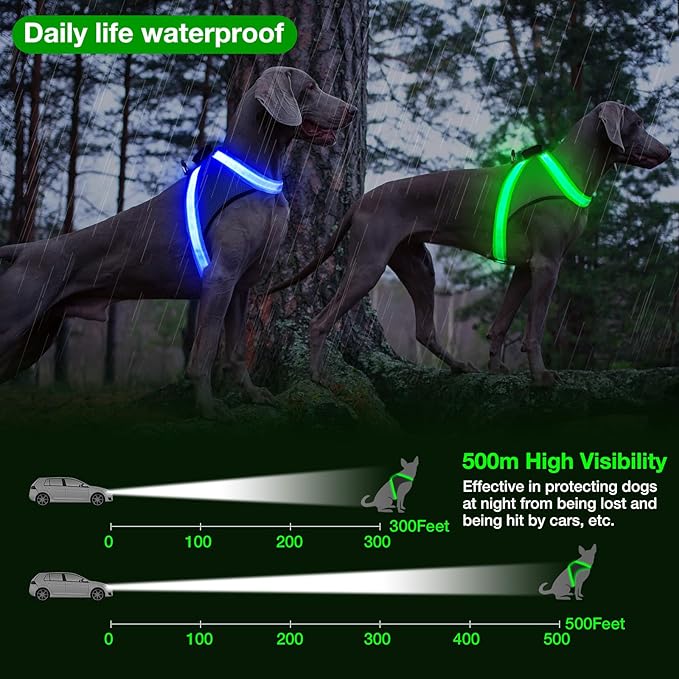 ChalkLit Light Up Dog Harness, No Pull Led Dog Harness Glow-in-The-Dark for Night Walking, USB Rechargeable Lighted Safety Vest for Medium Large Dogs, Adjustable Soft Mesh Fully Illuminated(Green, L)
