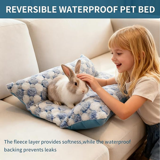 17x15in Waterproof & Reversible Rabbit Bed, Washable and Thickened Bunny Bed, Soft Fleece Pet Mat for Bunnies, Cats, Dogs & Small Pets (Blue)