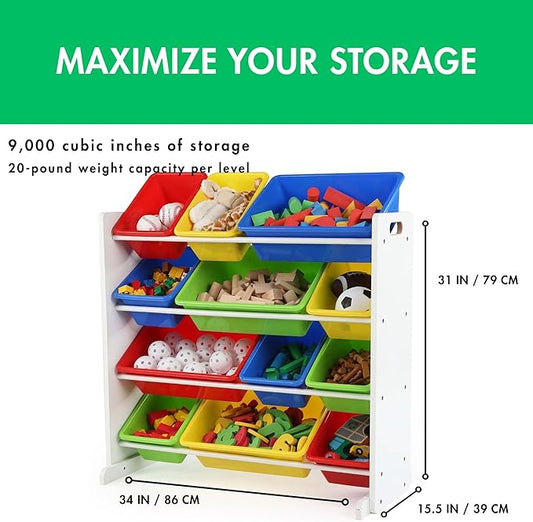 Humble Crew Kids Toy Storage Organizer with 12 Plastic Bins, White/Primary – Removable Bins for Playroom, Bedroom, Toddler Furniture for Boys and Girls Ages