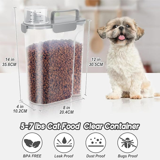 5-7Lbs Dog Cat Food Storage Container with Upgraded Large Nozzle BPA-free, 4 Snap Seals Plastic Pet Food Storage Containers with Handles (Light Gray, 5L-1pack)