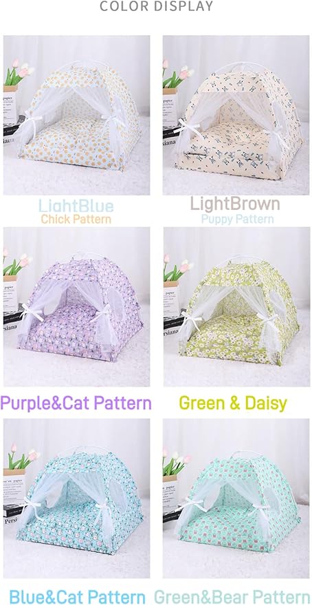 Selena Dog Tent House Cat Bed Indoor Outdoor Bow Ribbon Lace Mesh Breathable Windows Door Curtains Removable Portable Pet Nest Teepe (Medium,Purple+Cat)