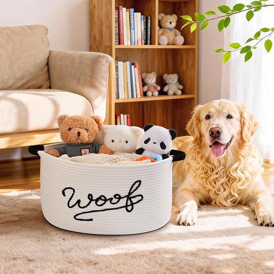 Woof Dog Toy Basket, Large Dog Toy Storage Bin with Durable Handles, Woven Dog Basket for Blankets, Toys, Chews, Pet Toy Storage Box for Nursery, Living Room, Bedroom, 17”x12”x9, White