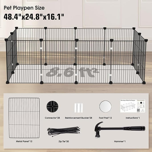 Small Animal Playpen - 12-Panel Metal Wire Pet Fence for Guinea Pigs, Rabbits, Bunnies - Indoor & Outdoor Portable Enclosure, Durable & Easy to Assemble