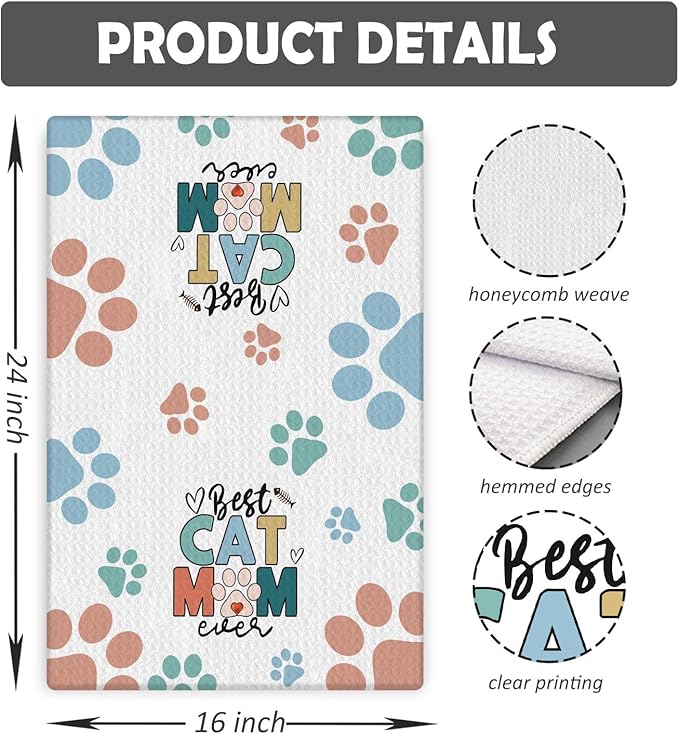 Best Cat Mom Ever Kitchen Towels, Cat Mom Lady Lover Gifts for Women, Cute Kitty Kitten Paw Decorative Dish Tea Hand Towels for Kitchen Bathroom, 16x24 Inches(Style D)
