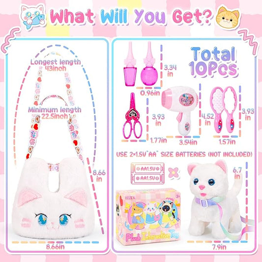 Interactive Cat Toys for Kids with Crossbody Bags, Stuffed Cat Plush with Leash Walking Meow Pretend Play Kitty Robot Pet Toy, Electronic Realistic Cute Stuff for Girls Plushies Toddler Toys
