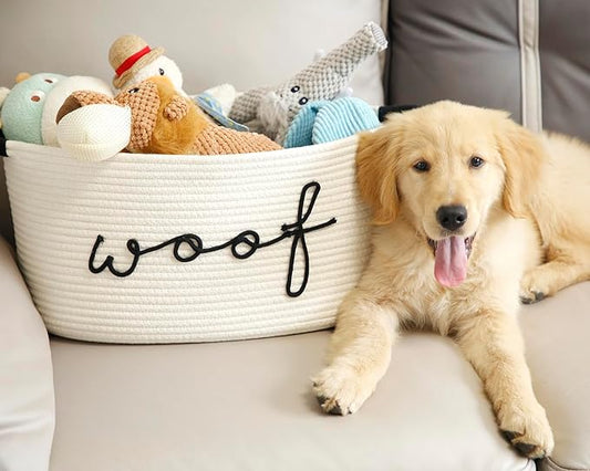 Woof Dog Toy Basket Woven Pet Baskets Storage Bin Box with Durable Handles, Pet Supplies Puppy Bins Perfect for Organizing Dog Toys Blankets and Accessories