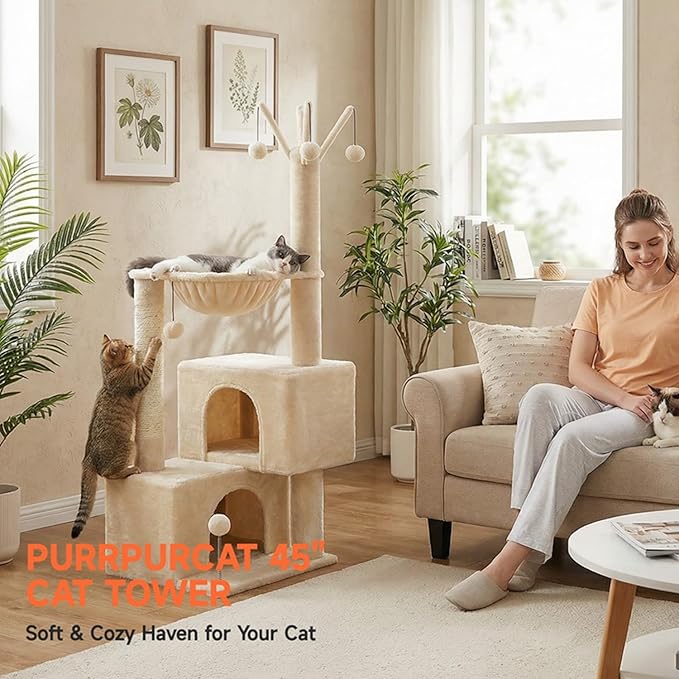 Cat Tree 45" for Indoor Cats, Compact Cat Tower with 2 Condos, Hammock Bed & 5 Hanging Ball Toys, Space-Saving Sturdy Cat Condo Furniture for Kittens & Small-Medium Cats