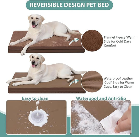 Waterproof XL Dog Beds Large Sized Dog, Orthopedic Washable Crate Pad 42 inch, Extra Large Foam Pet Bed with Removable Cover Reversible, XLarge Durable Anti-Slip Kennel Pad, 41"x27", Brown