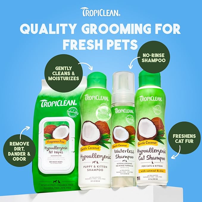 TropiClean Hypoallergenic Cleaning Pet Wipes, 100ct - Wipes for Dogs, Cats, Puppies & Kittens with Sensitive Skin - Gently Removes Dirt & Dander - Fragrance Free