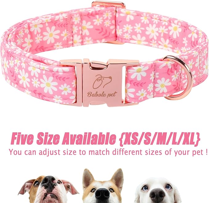 Dainty Daisy Dog Collar, Spring/Summer Pink Floral Girl Dog Collars, Adjustable Heavy Duty Cottagecore Female Dogs Collar for Small Medium Large Dogs with Metal Buckle XL