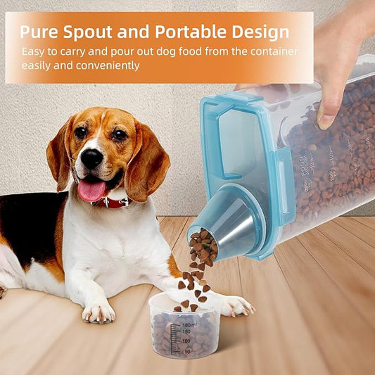 3-5Lbs/3Qt Dog Cat Food Storage Container With Foldable Bowl. Plastic Pet Food Dispenser for Small Animal Kibble/Pet Food/Bird Seed/Oatmeal/Rice/Flour/Brown Sugart/Cereals (Clear Bule)