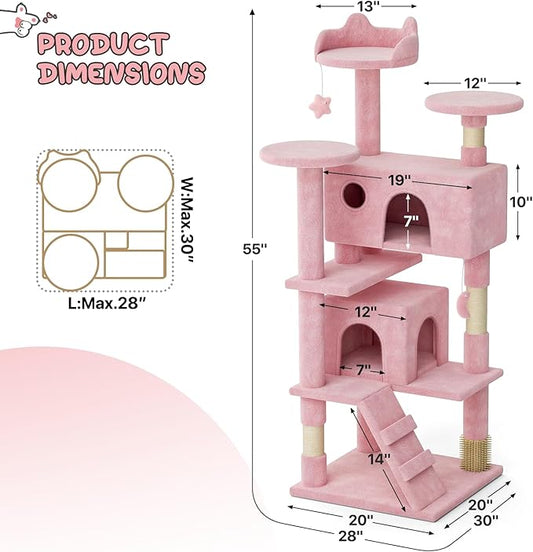 MoNiBloom 54 Inch Cat Tree Tower for Indoor Cats Large Adults, Pink Cat Tower with Scratching Post, Multi-Level Furniture Activity Center with Cat Condo Pet Play House, Soft Pink