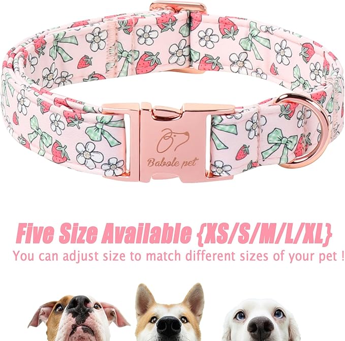 Pink Girl Dog Collar, Sweet Strawberry Spring Summer Dog Collars, Vintage Bow Puppy Collar, Adjustable Heavy Duty Pet Collar for Small Medium Large Dogs with Metal Buckle L