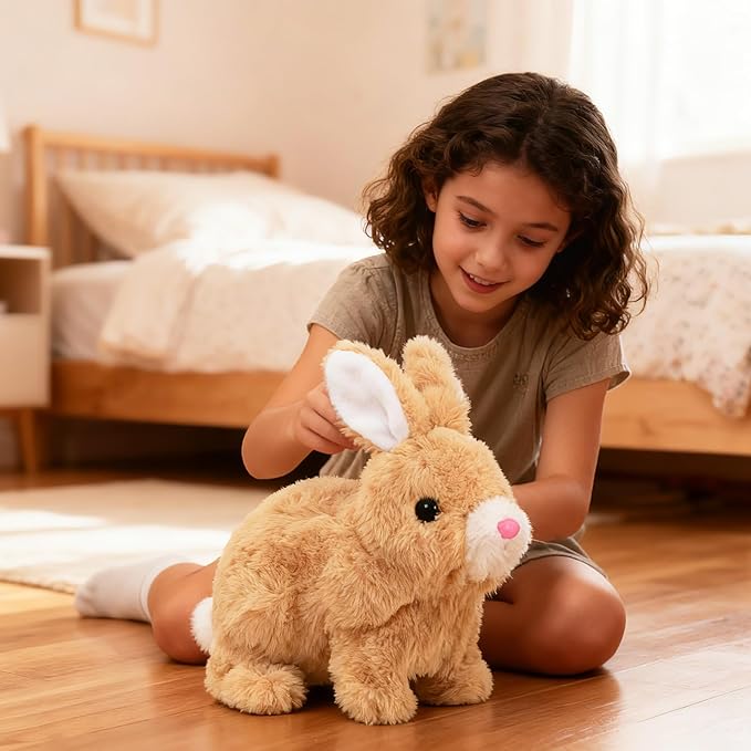 Easter Bunny Toy, Rabbit Interactive Hopping Electronic Pet Plush Bunny Toy with Sounds and Movements Animated Walking Wiggle Ears Twitch Nose(Brown)