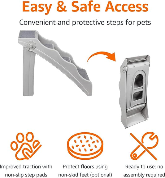 Amazon Basics Foldable Non-Slip Pet Stairs for Small Dogs and Cats, Senior Pets, Easy to Climb, 14.6" x 22.75" x 19.5", Grey