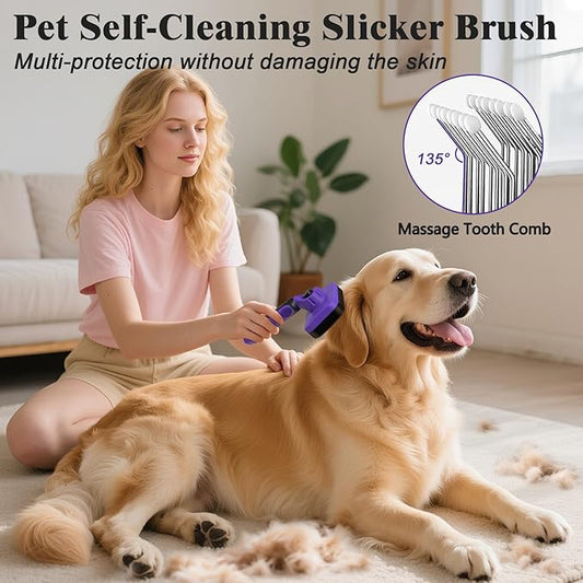 2PCS Self Cleaning Slicker Brush & Dog Comb - Skin Friendly Deshedding Grooming Tool for Dogs, Cats and Small Animals, Professional Deshedding Dematting Tool for Long and Short Haired Pets (Purple)