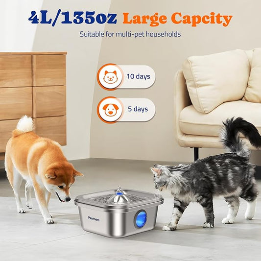 Cat Water Fountain Stainless Steel, 4L/135oz Pet Fountain, Automatic Dog Drinking Dispenser with Water Level Window, Filter, Quiet Pump, Silver