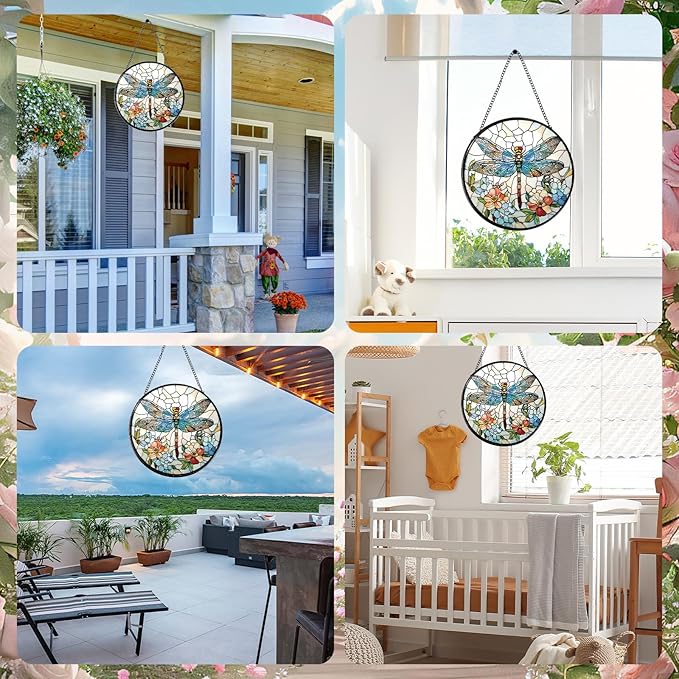 Dragonfly and Flower Stained Glass Window Hanging Gifts, 7.8″ Sun Catchers for Indoor Window Decor, Decorative Sun Catchers Home Wall Art Gift for Thanksgiving Christmas Housewarming